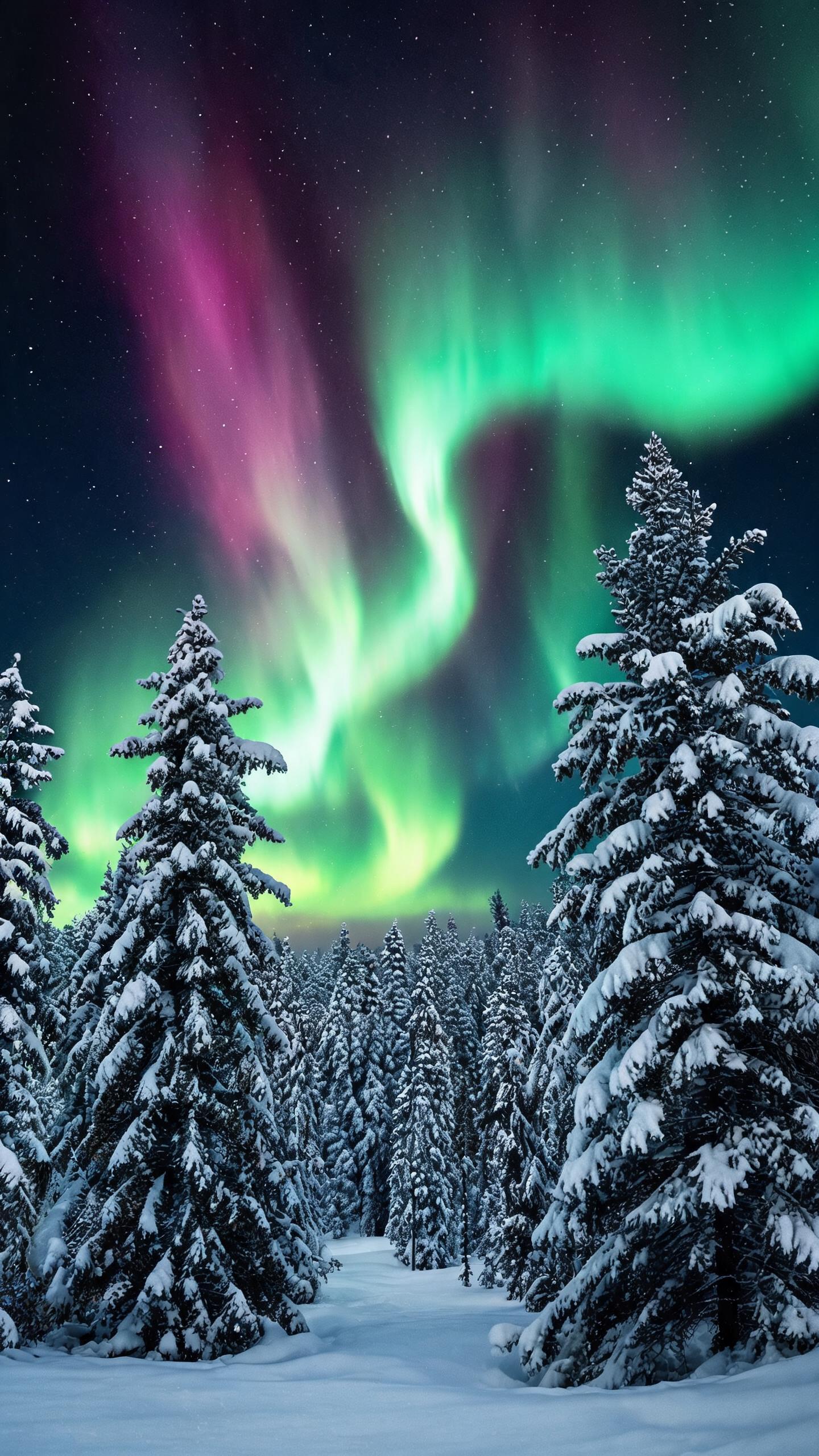 snowy pine forest under dancing aurora borealis, vivid green and purple lights, vertical iPhone wall