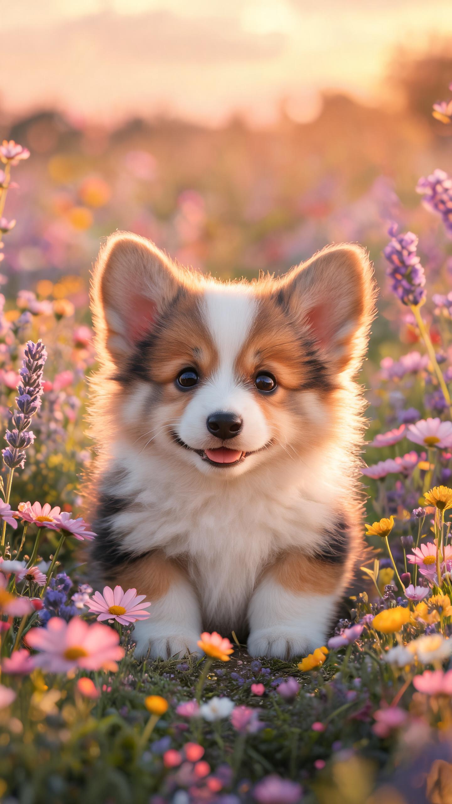 cute corgi puppy sitting in a flower field, soft bokeh, golden hour, vertical iPhone wallpaper