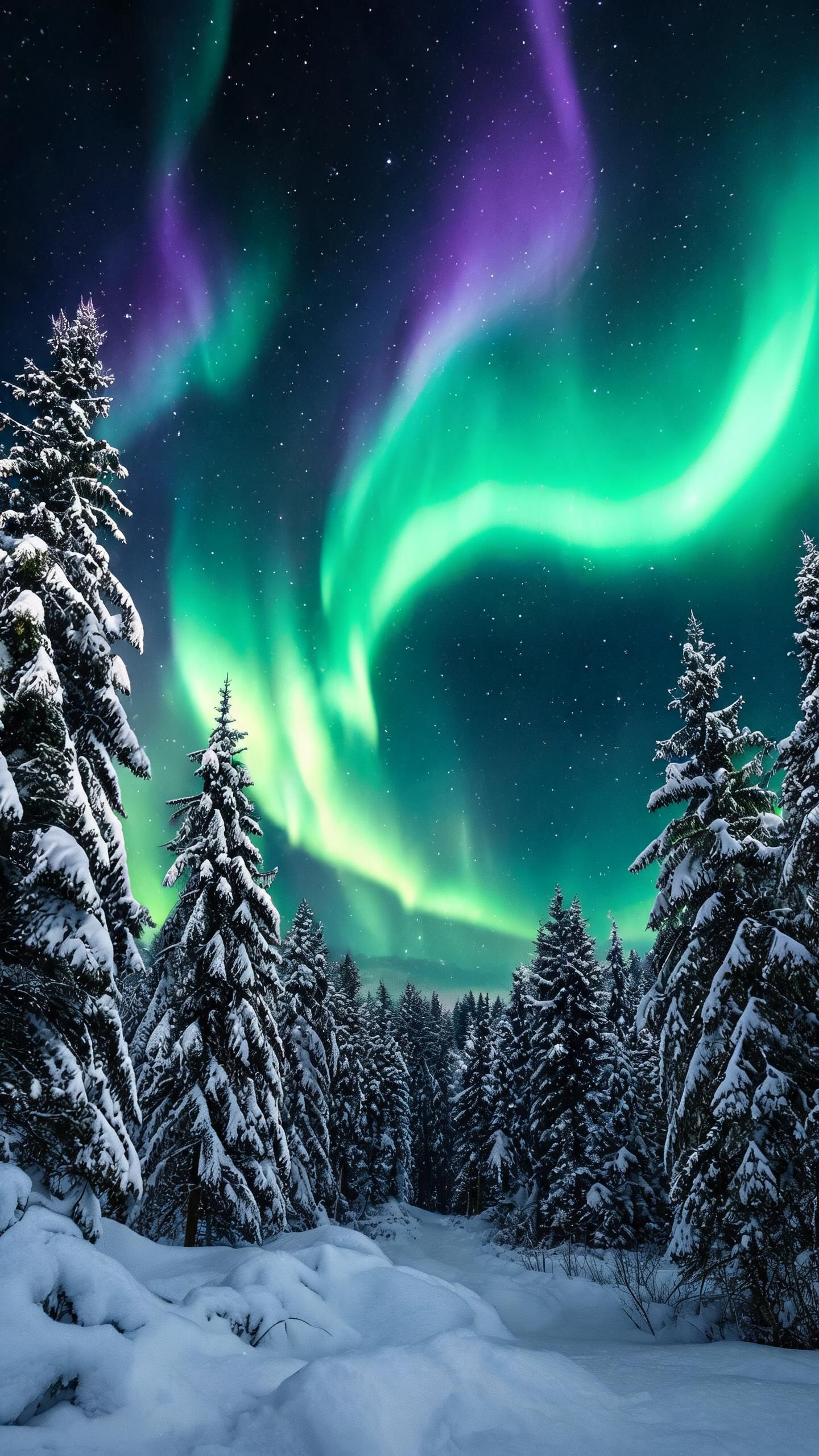snowy pine forest under dancing aurora borealis, vivid green and purple lights, vertical iPhone wall