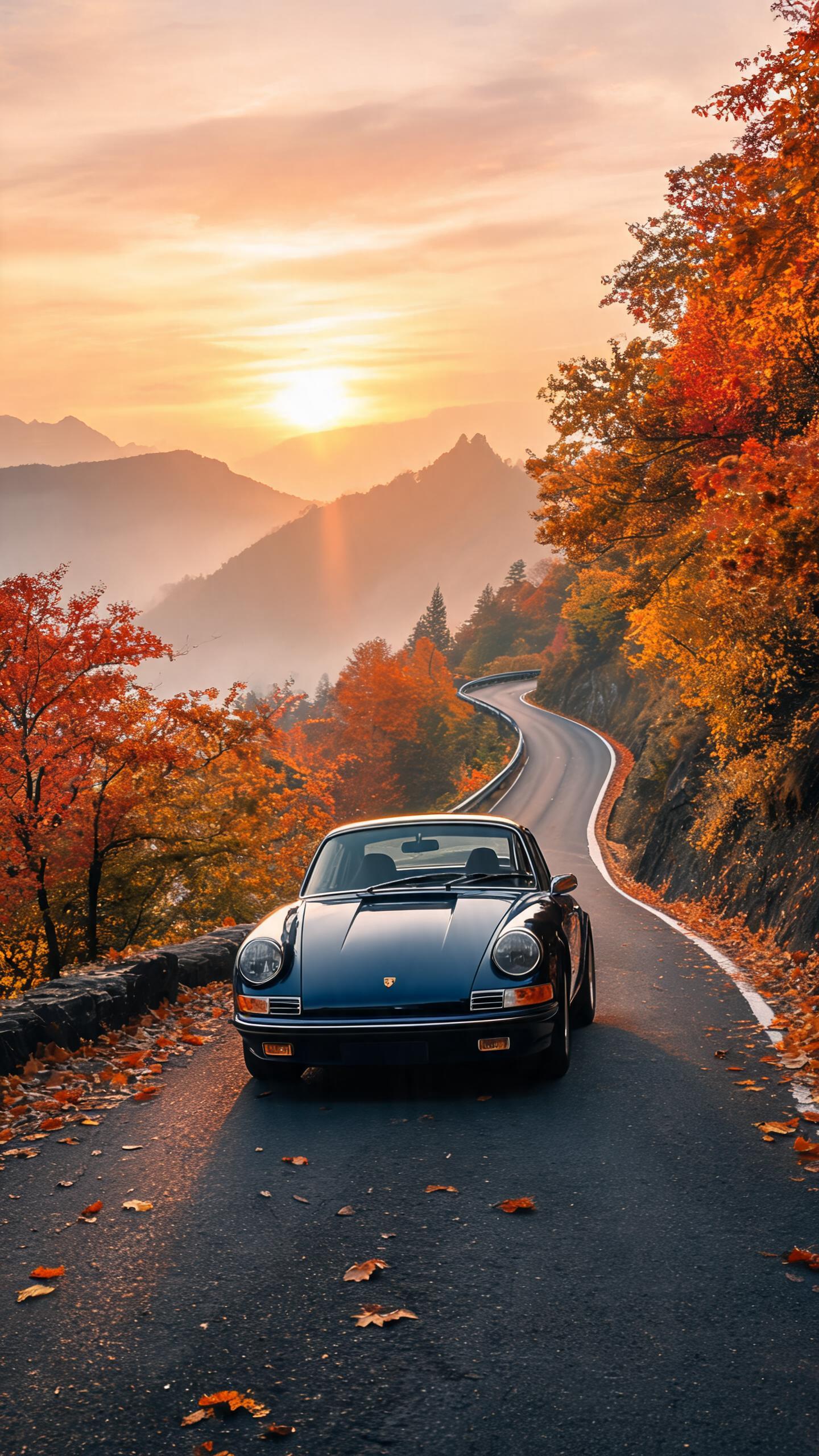 vintage Porsche 911 on a mountain road, autumn leaves, golden hour, vertical iPhone wallpaper