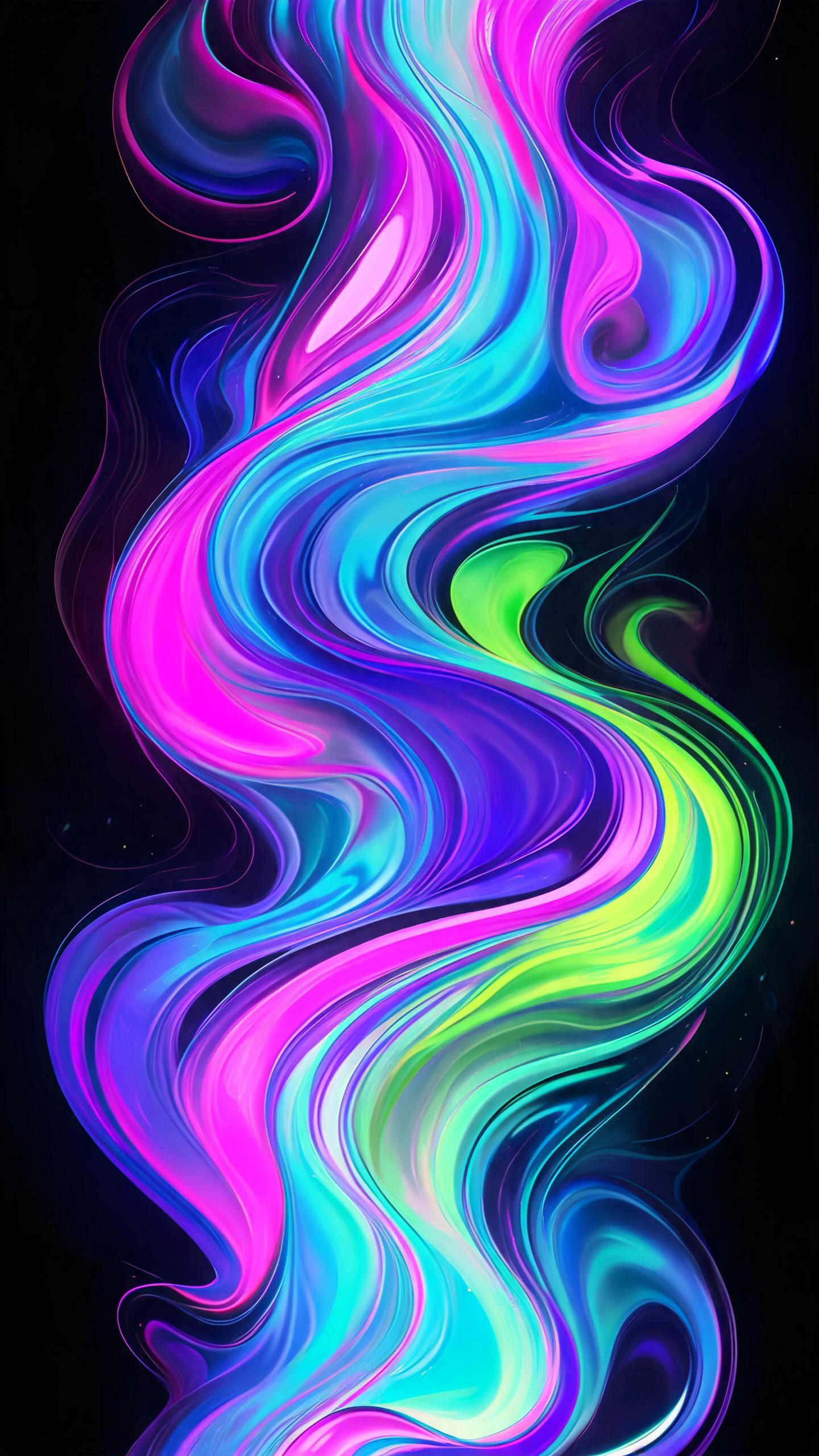 abstract fluid art, swirling neon colors, dark background, vertical iPhone wallpaper, modern art