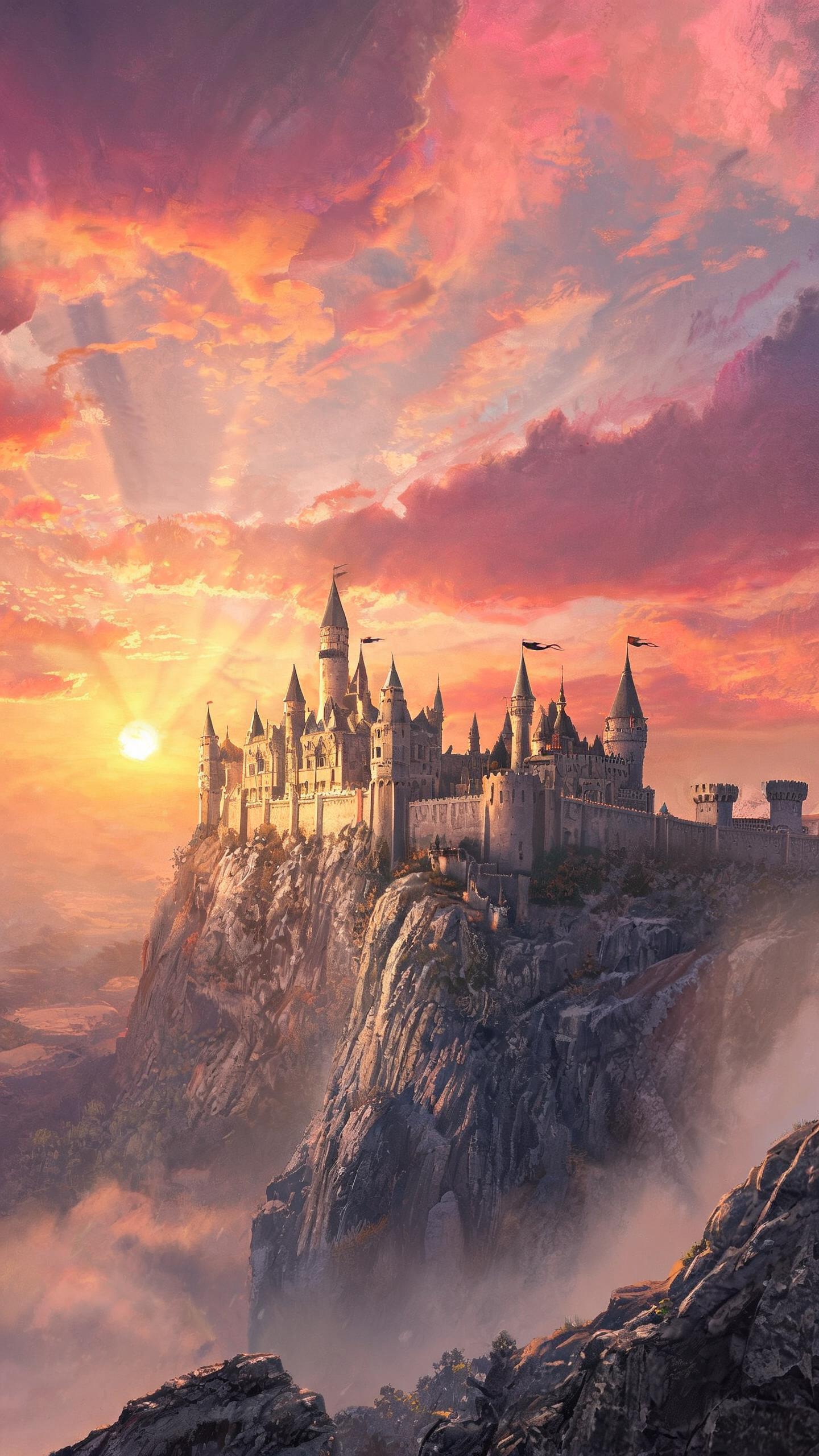 majestic medieval castle on a cliff at sunset, dramatic clouds, vertical iPhone wallpaper, fantasy a